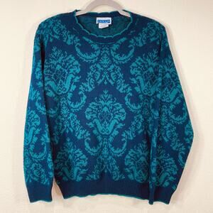 Vintage 80s 90s Blue Pattern Scalloped Neckline Pullover Sweater Grandma Retro M